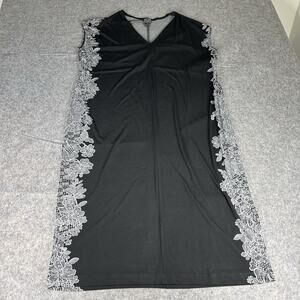 Clara Sun Woo Sheath Dress Women's XL Black V-Neck Midi Lace Trim Print Stretch